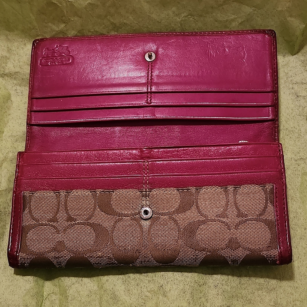 VINTAGE Coach Long Monogram & Leather Trim Flap Wallet Red 7.75 X 4 - Picture 9 of 15